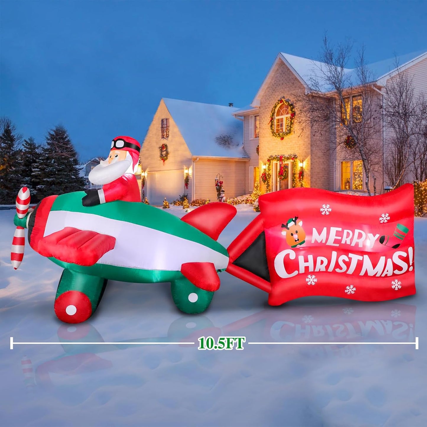 10.5 FT Animated Christmas Inflatables Santa Claus on Airplane, Santa Claus on Helicopter with Merry Christmas Banner, Xmas Blow Ups Outdoor Decorations for Yard Garden Lawn Holiday Home Party Decor