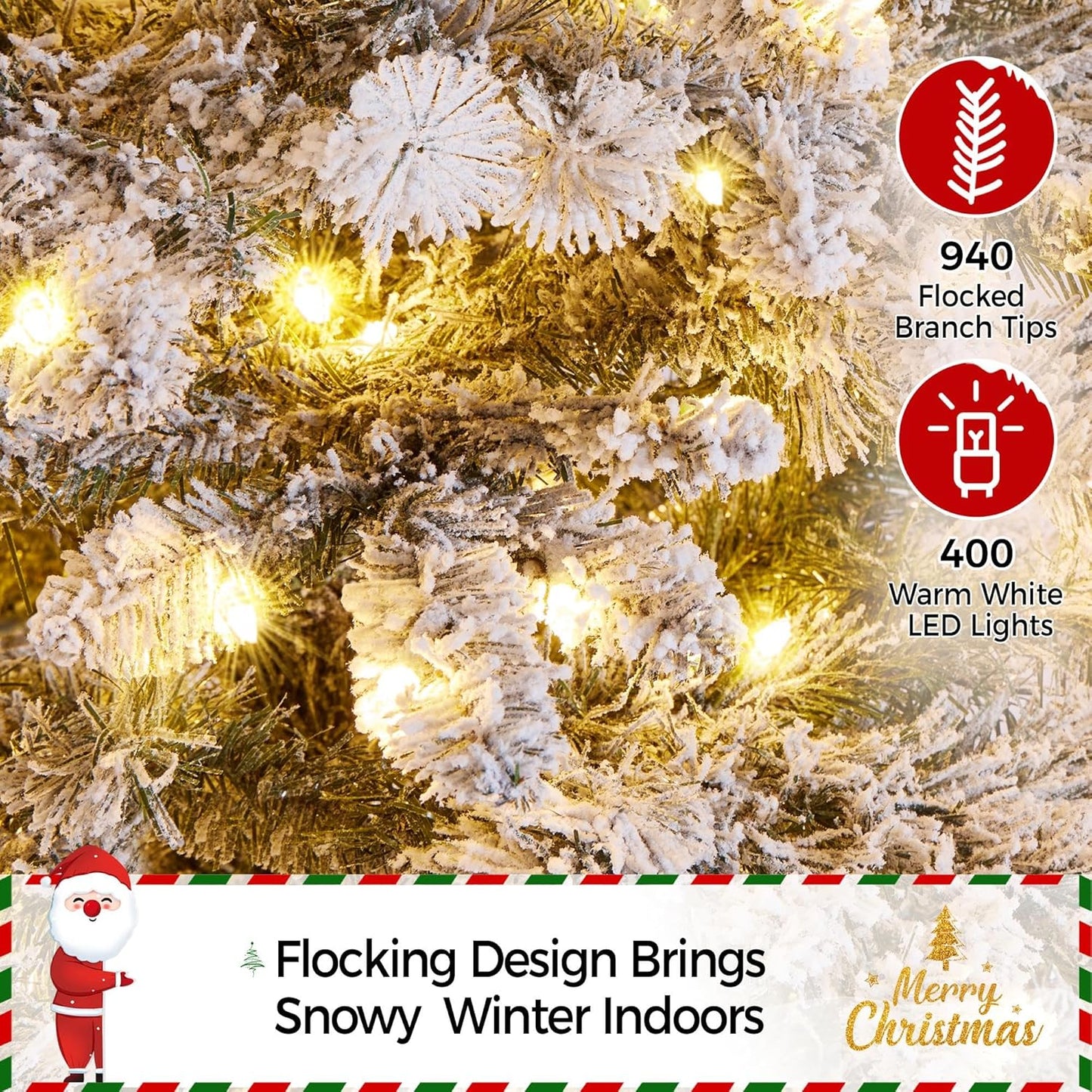 6Ft Pre-Lit Artificial Christmas Tree with 400 Warm White LED Lights & 940 PVC Tips,Hinged Snow Flocked Xmas Tree with Foldable Stand & Protective Foot Caps,Green & White