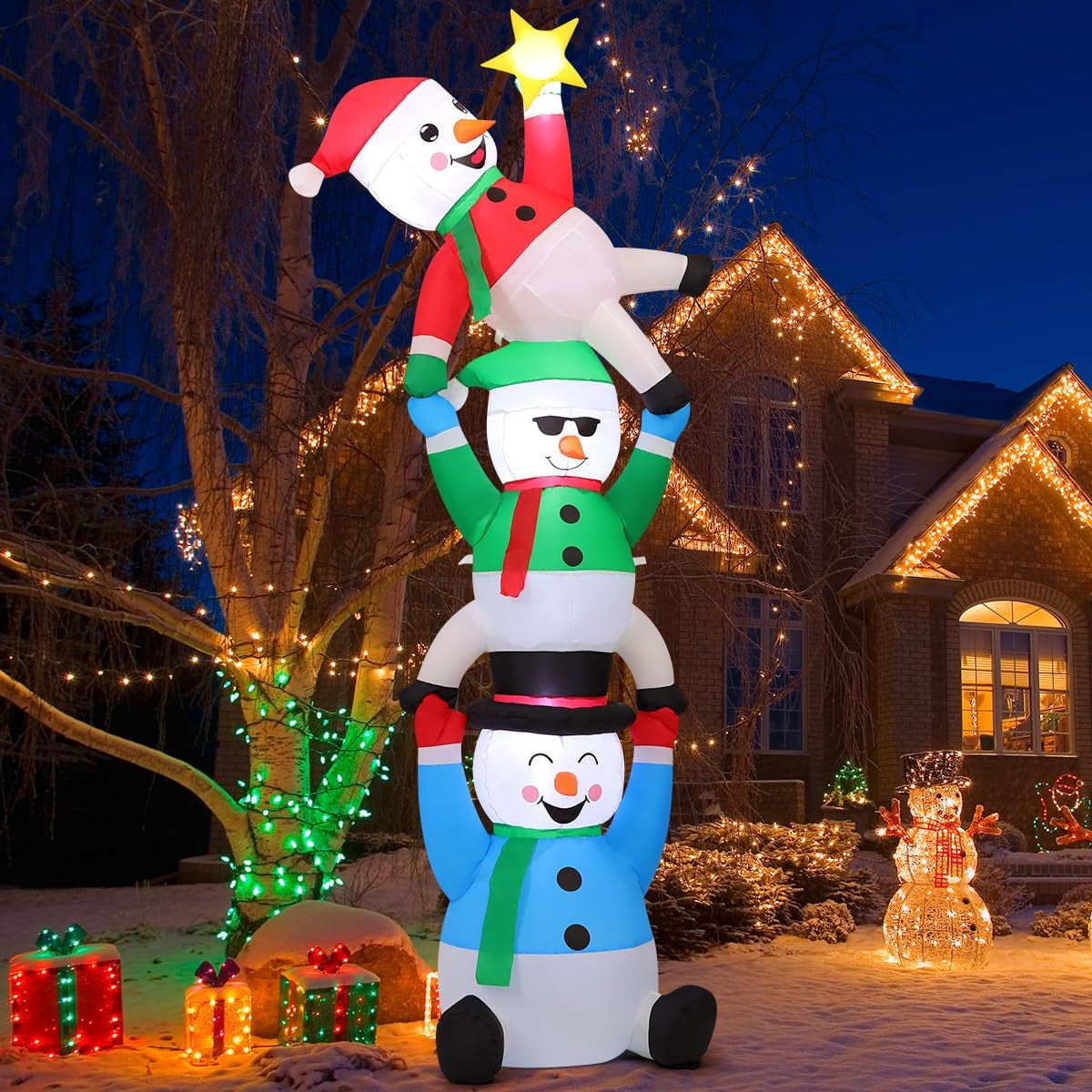 8 FT Christmas Snowman Inflatable Decoration Blow up Three Snowman Pick Stars Blow up Holiday Indoor Outdoor Party Garden Yard Decoration