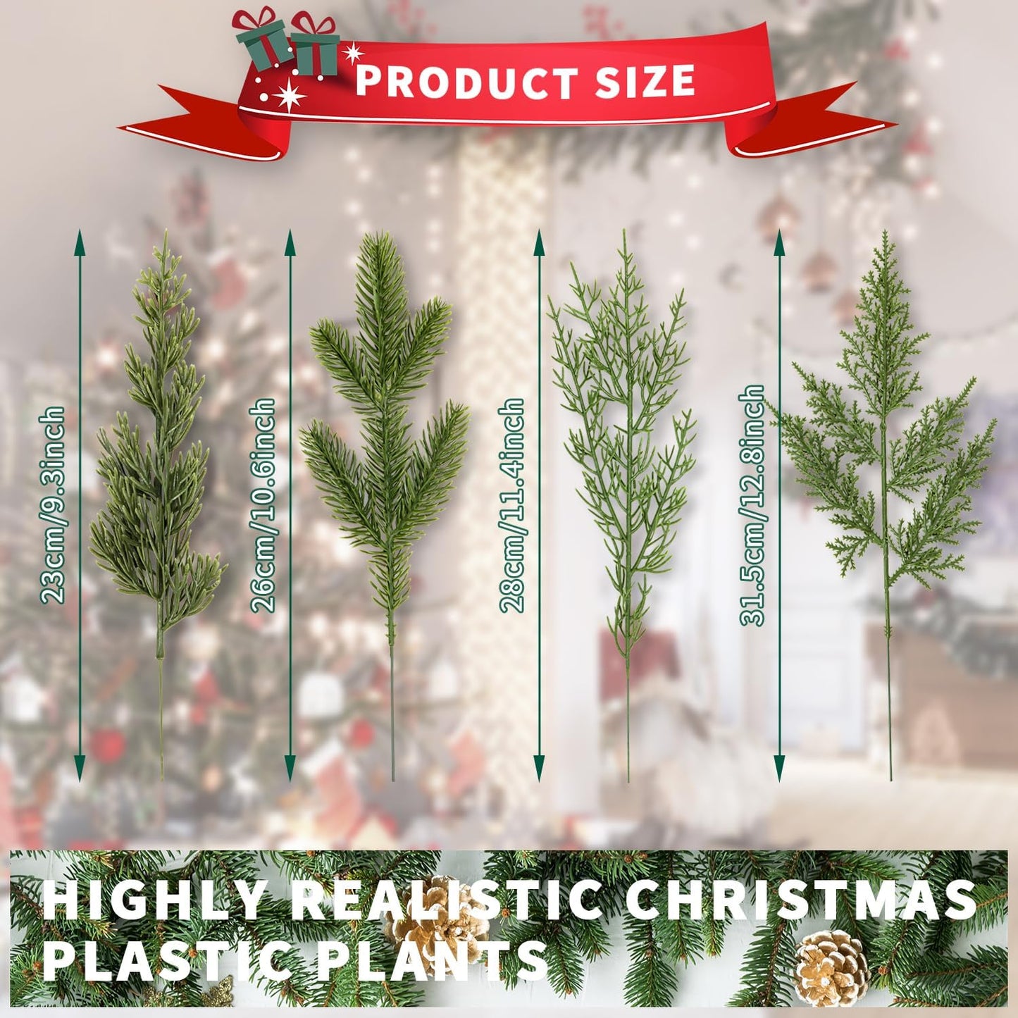 40 Pcs Artificial Pine Branches Assorted Faux Pine Stems Cedar Leaves Needle Sprigs Plastic Fake Christmas Greenery Pine Picks for Xmas Tree Wreaths Garlands DIY Accessories Home Decor (40, Green)