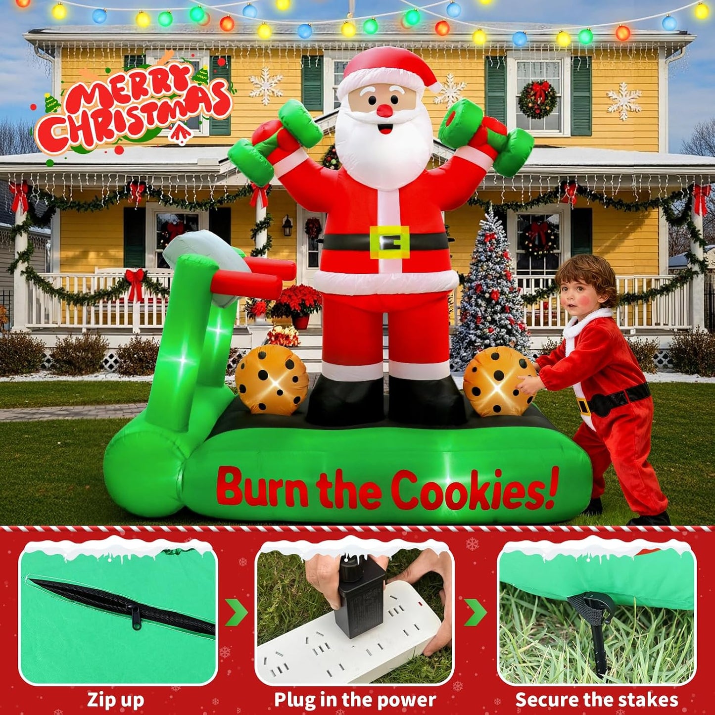 7FT Christmas Inflatable Santa Decorations, Santa on Treadmill with Dumbbells, Funny Fitness Santa Outdoor Blow up Yard Decoration with Built-In LED Lights for Holiday Garden, Lawn, Patio