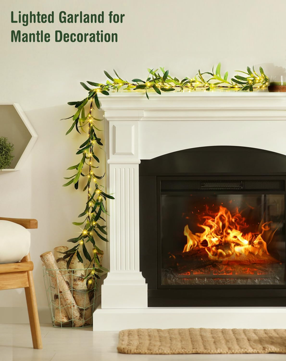 100 LED 6 Ft Artificial Olive Lighted Garland for Fireplace Decor