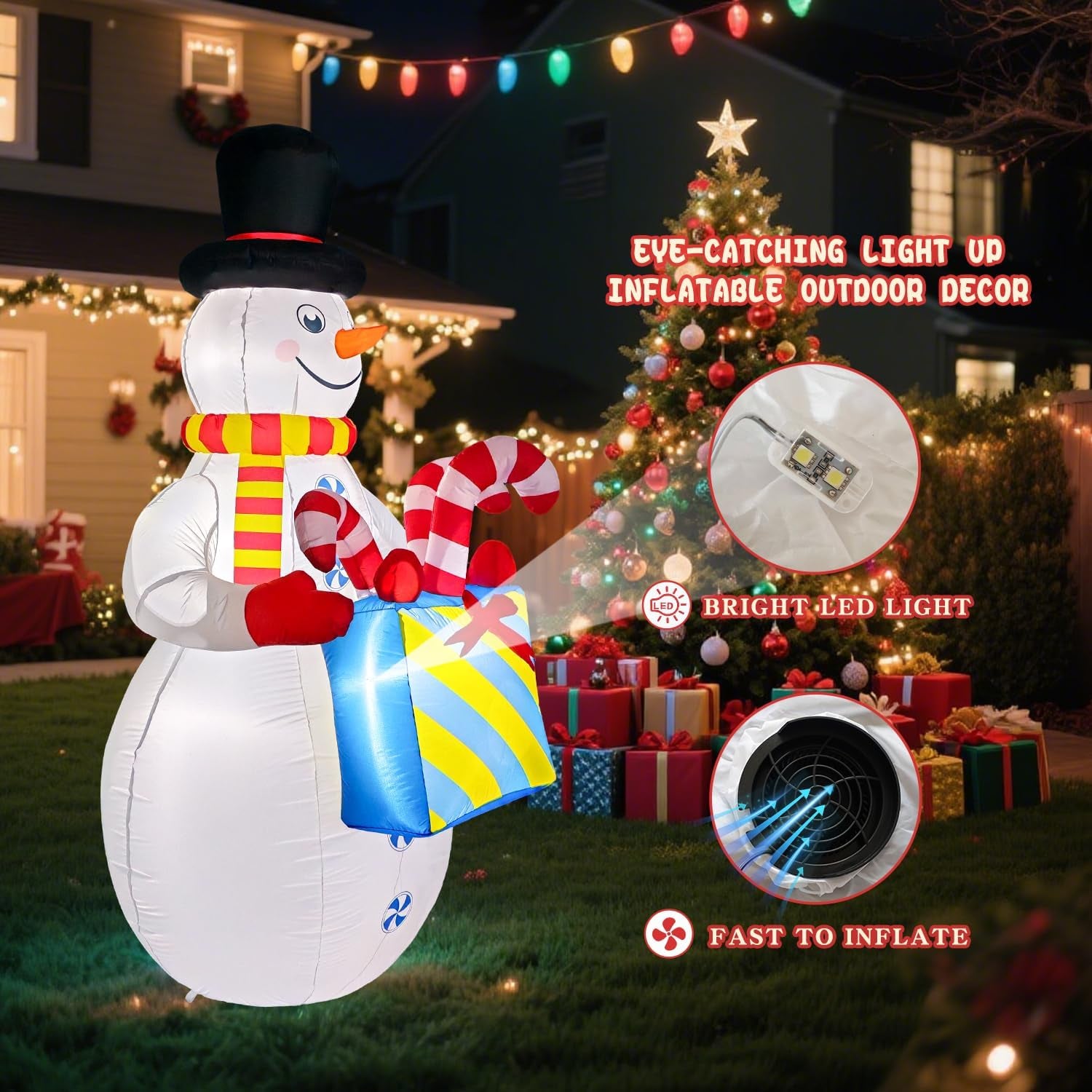 8Ft Tall Inflatable Snowman Christmas Decorations,Built-In LED Lights Outdoor Holiday Decor with Gift Box and Candy Canes, Fast Self-Inflating,For Yard Holiday Xmas New Year