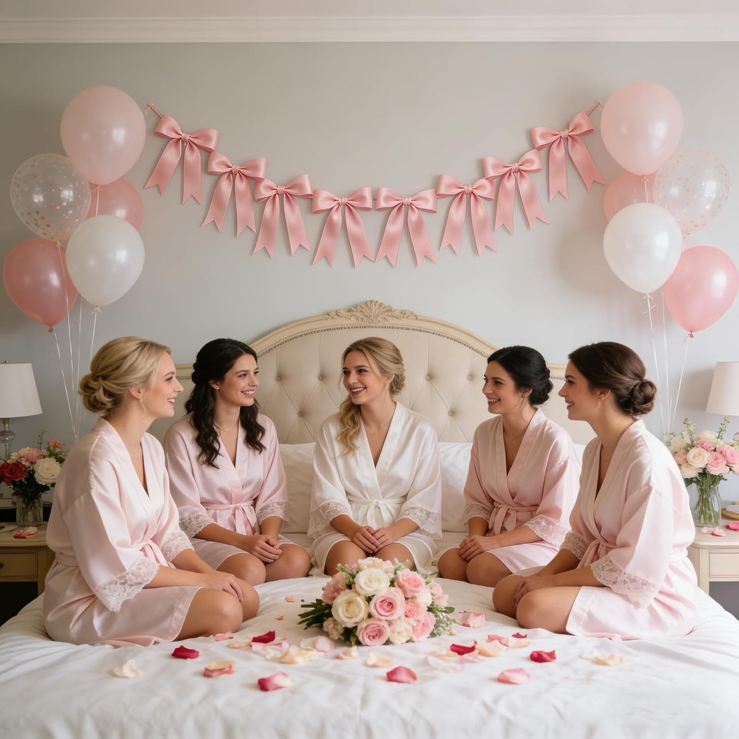 1 String Pink Bow Garland Banner Decorations, Pre-Strung Satin Ribbon Bows for Birthday, Baby Shower, Bridal Shower, Coquette Girls Room, Bow Themed Party, Wedding, Christmas Tree Decorations