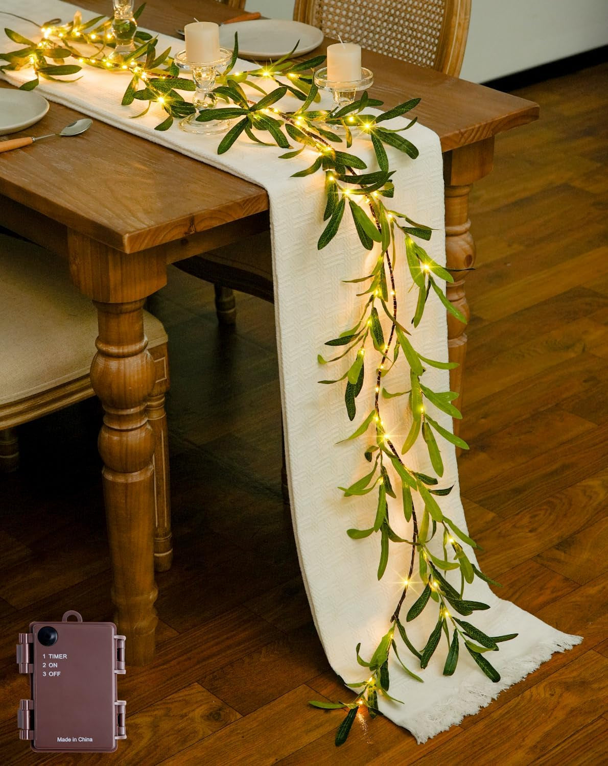 100 LED 6 Ft Artificial Olive Lighted Garland for Fireplace Decor