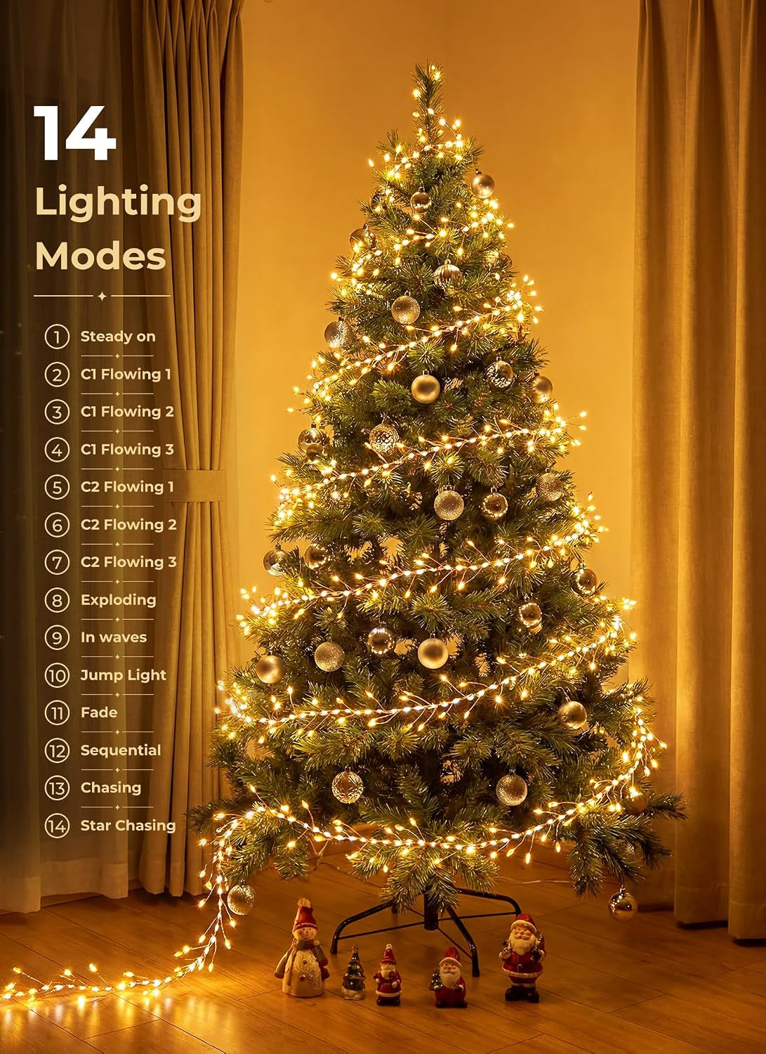 Flowing Fairy Lights Plug in with 14 Modes, 10FT 388LED Twinkle Firecrackers String Lights Indoor Waterproof, Christmas Tree Cluster Lights for Bedroom Garland Christmas Decor, Warm White