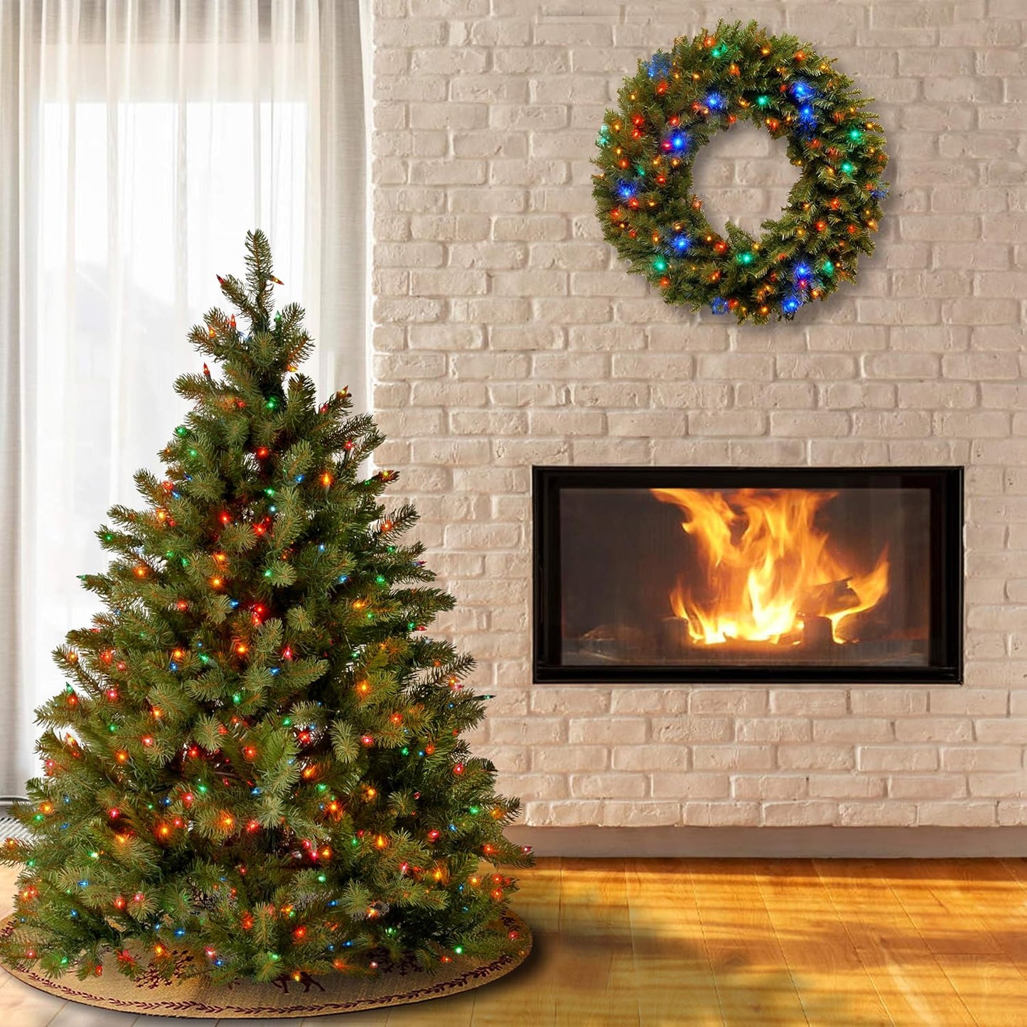 Pre-Lit 'Feel Real' Artificial Full Downswept Christmas Tree, Green, Douglas Fir, Multicolor Lights, Includes Stand, 4.5 Feet