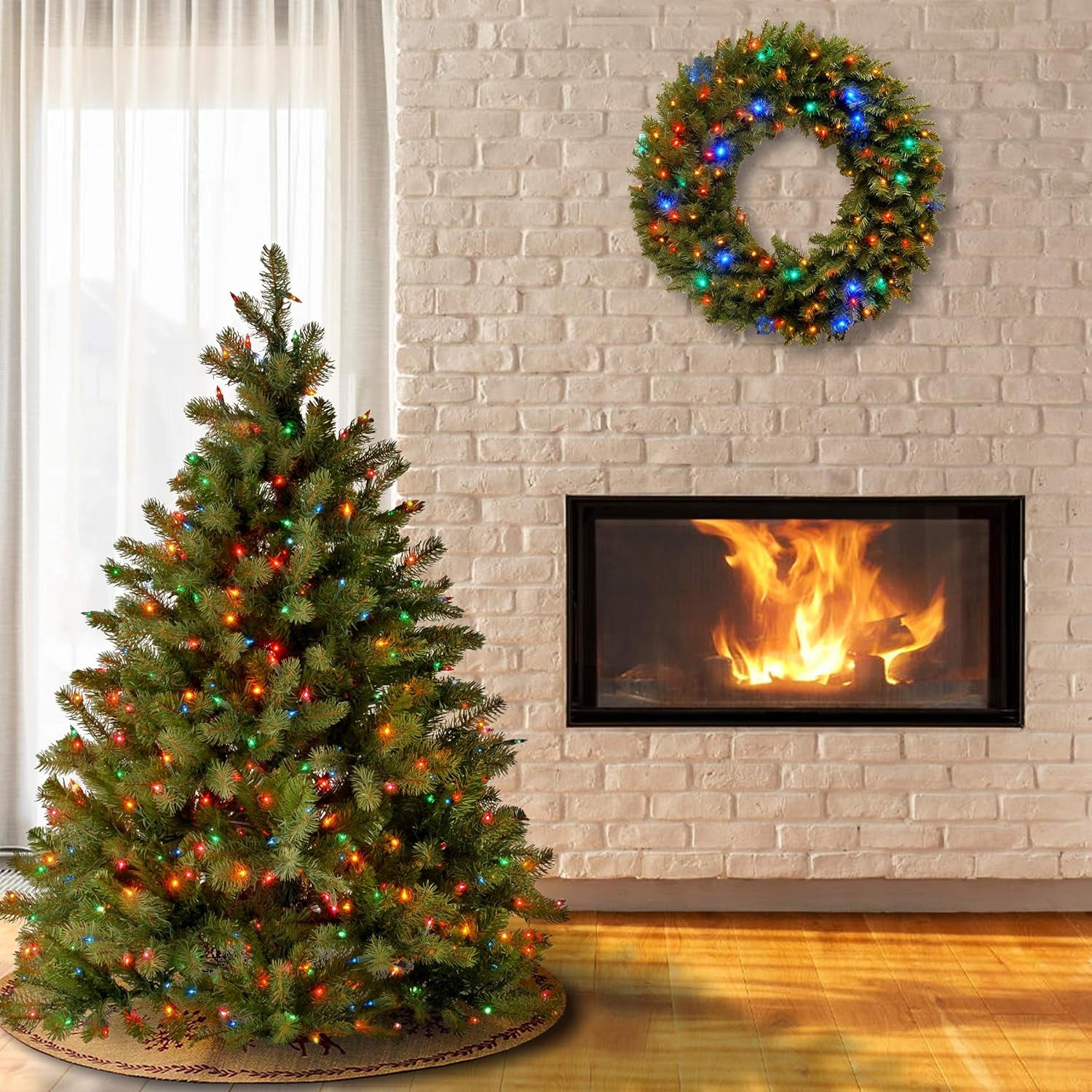 Pre-Lit 'Feel Real' Artificial Full Downswept Christmas Tree, Green, Douglas Fir, Multicolor Lights, Includes Stand, 4.5 Feet