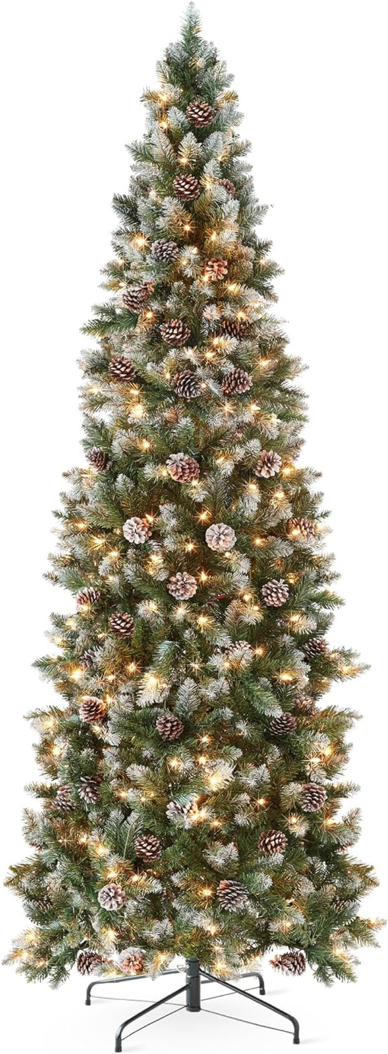 7.5Ft Pre-Lit Pencil Christmas Tree, Partially Flocked & Frosted Slim Holiday Tree Decoration, Skinny Xmas Tree, 350 Lights, 1,075 Frosted Tips, 64 Pine Cones, Foldable Stand