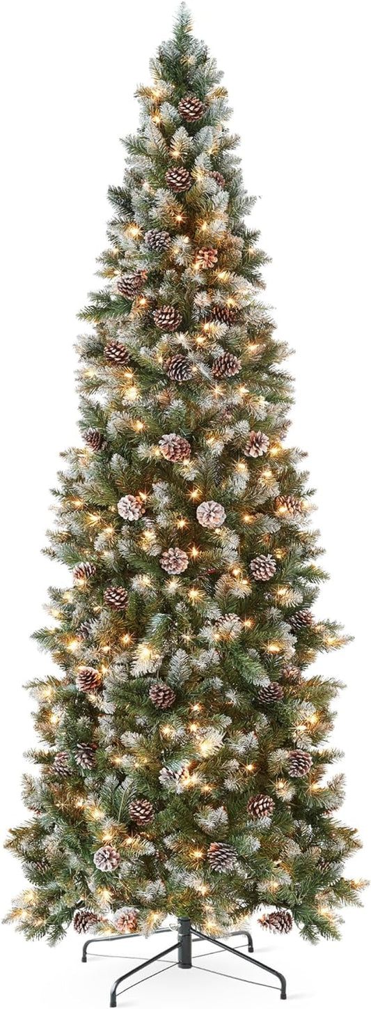 7.5Ft Pre-Lit Pencil Christmas Tree, Partially Flocked & Frosted Slim Holiday Tree Decoration, Skinny Xmas Tree, 350 Lights, 1,075 Frosted Tips, 64 Pine Cones, Foldable Stand