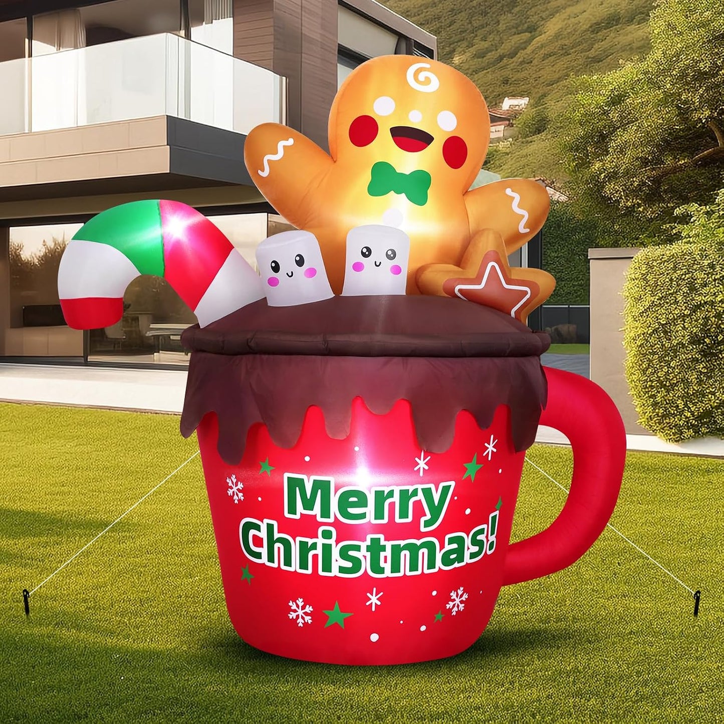 6FT Christmas Inflatables Outdoor Decorations, Gingerbread Christmas Inflatable Hot Cocoa Mug with Built-In Leds Blow up Christmas Decoration for Garden Lawn Yard Patio Xmas Inflatable