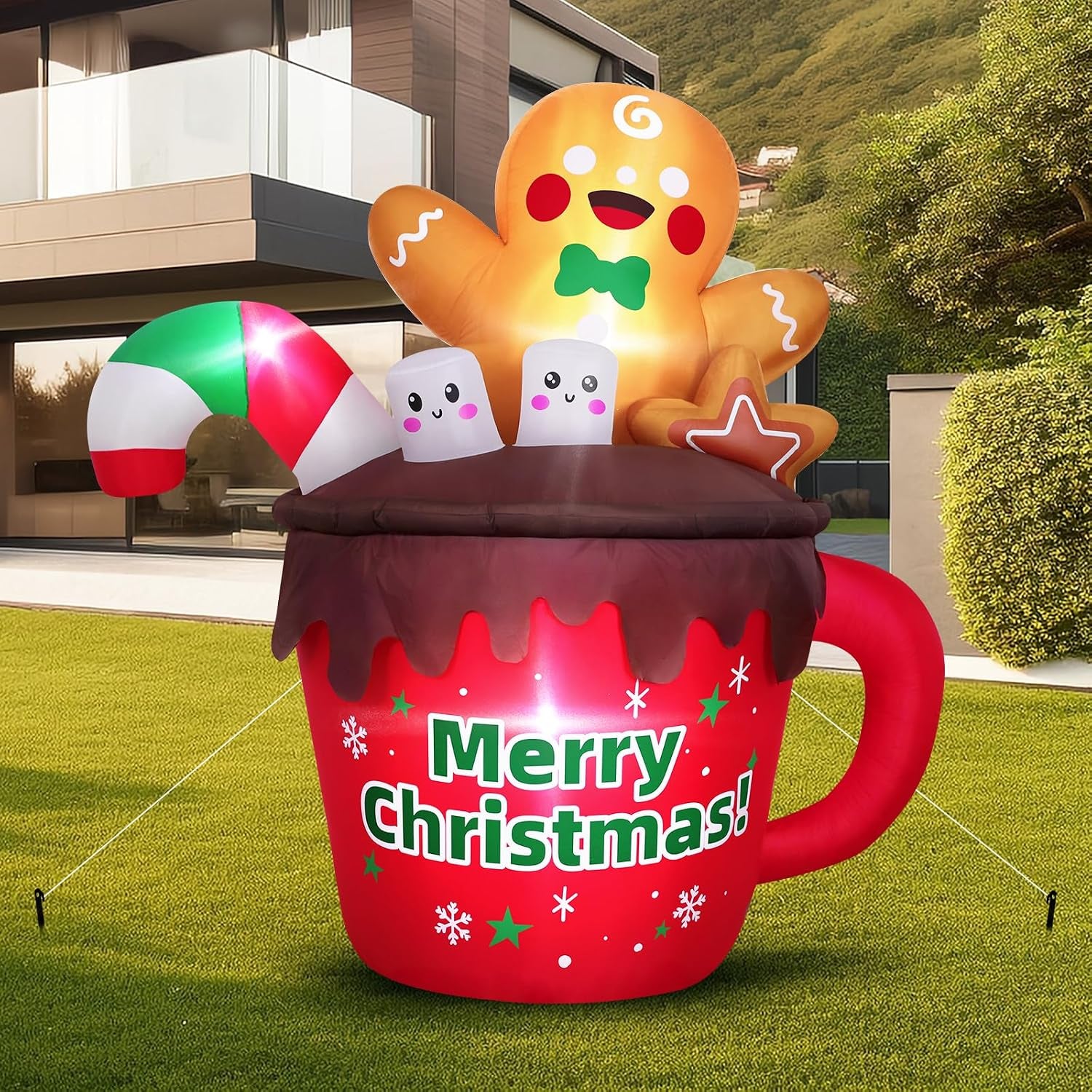 6FT Christmas Inflatables Outdoor Decorations, Gingerbread Christmas Inflatable Hot Cocoa Mug with Built-In Leds Blow up Christmas Decoration for Garden Lawn Yard Patio Xmas Inflatable