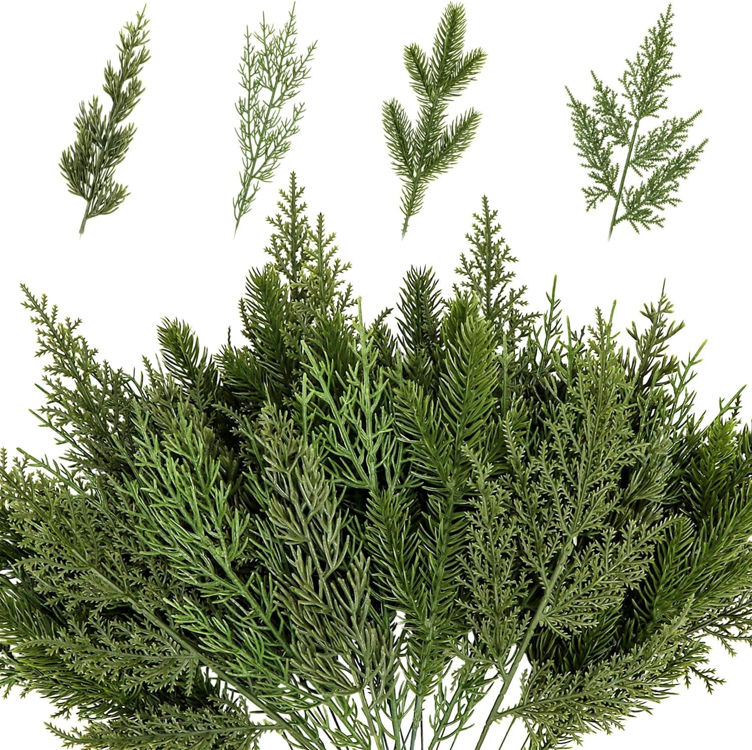 40 Pcs Artificial Pine Branches Assorted Faux Pine Stems Cedar Leaves Needle Sprigs Plastic Fake Christmas Greenery Pine Picks for Xmas Tree Wreaths Garlands DIY Accessories Home Decor (40, Green)