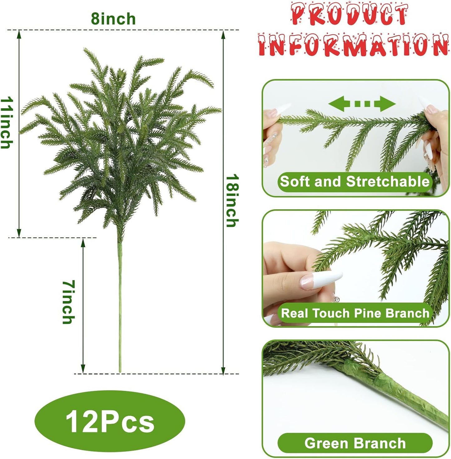 12 Pcs Pine Branches - 18 Inch Artificial Green Pine Stem