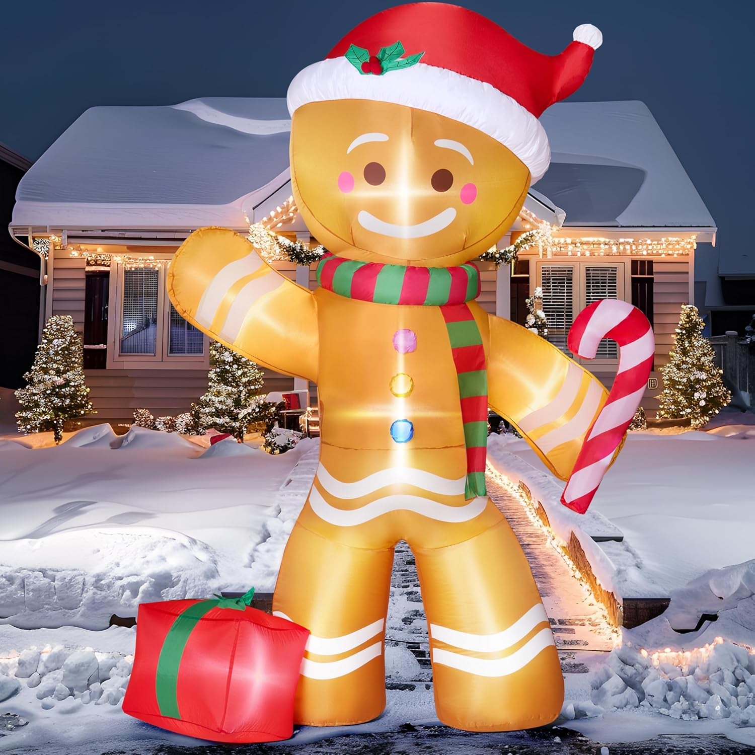 8 FT Christmas Inflatables Gingerbread Man with Candy Cane, Christmas Blow Ups Gingerbread Inflatable Yard Decoration with Build-In Leds for Xmas, Party, Outdoor, Yard, Garden, Lawn Décor