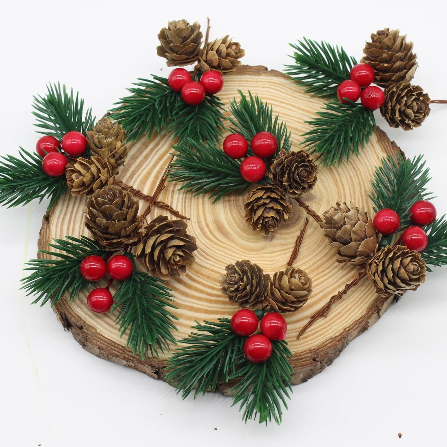 Christmas Floral Picks, 30Pcs Pine Cone Holly Berry Stems for Crafts, Artificial Christmas Picks and Sprays, Red Berry Branches Greenery for Christmas Home Decor, Garland, Wreath (30)