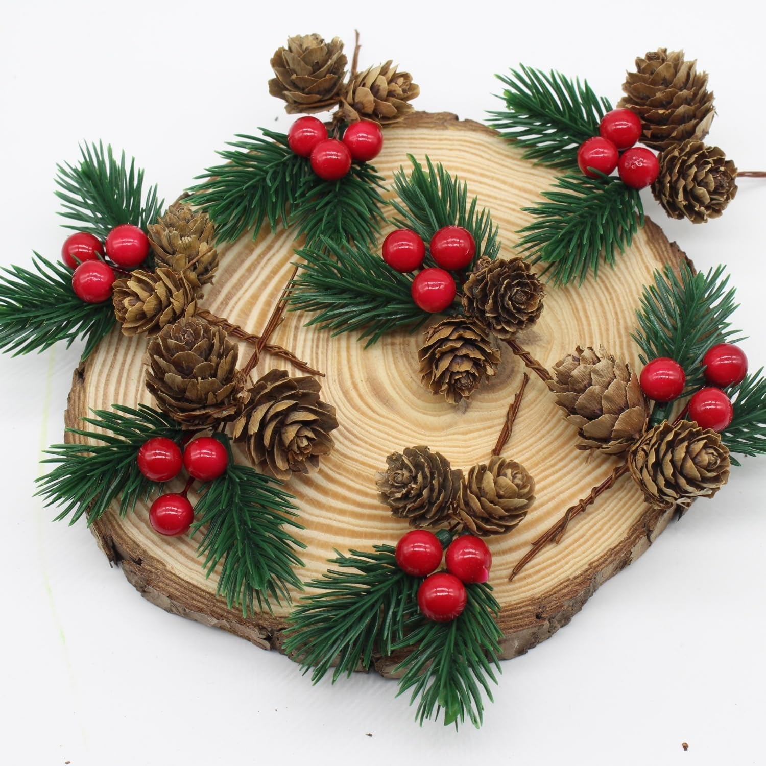 Christmas Floral Picks, 30Pcs Pine Cone Holly Berry Stems for Crafts, Artificial Christmas Picks and Sprays, Red Berry Branches Greenery for Christmas Home Decor, Garland, Wreath (30)
