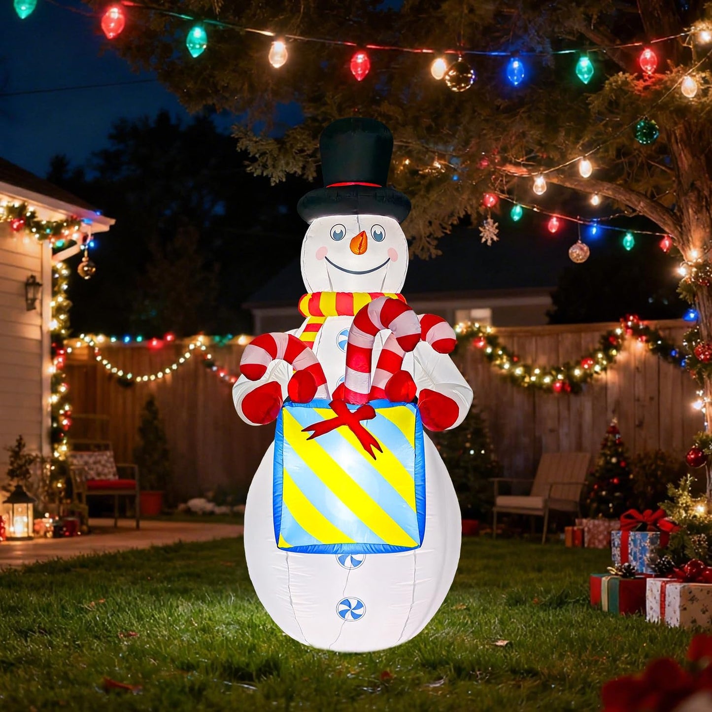 8Ft Tall Inflatable Snowman Christmas Decorations,Built-In LED Lights Outdoor Holiday Decor with Gift Box and Candy Canes, Fast Self-Inflating,For Yard Holiday Xmas New Year