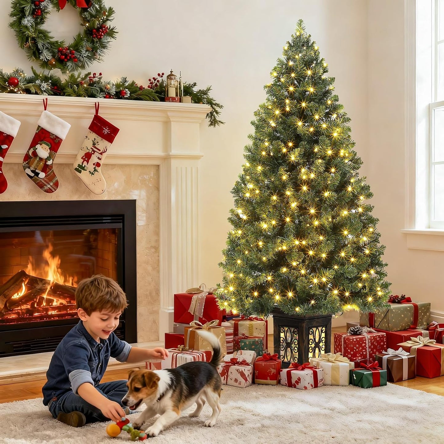 4.5 Ft Artificial Fiber Optic Christmas Tree, Pre-Lit Artificial Potted Xmas Tree with 300 Led Lights, 8 Lighting Modes, Includes Antique Urn Base, 1 PCS