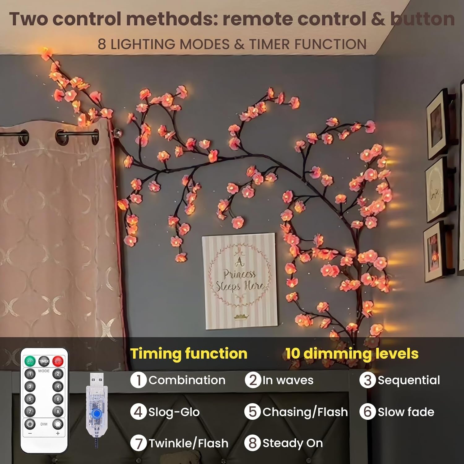 Cherry LED Tree Branch Lights for Wall, Cherry Blossom Willow Vine Twig Decor Garland with 144 LED Lights and Remote,8 Lighting Modes,Christmas Decorations Indoor for Home Wall Door Window (90Inch)