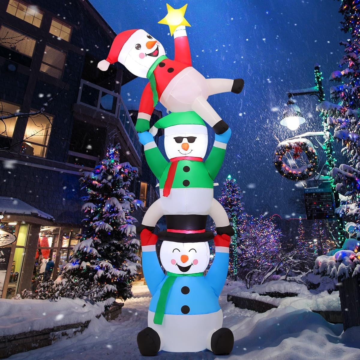 8 FT Christmas Snowman Inflatable Decoration Blow up Three Snowman Pick Stars Blow up Holiday Indoor Outdoor Party Garden Yard Decoration