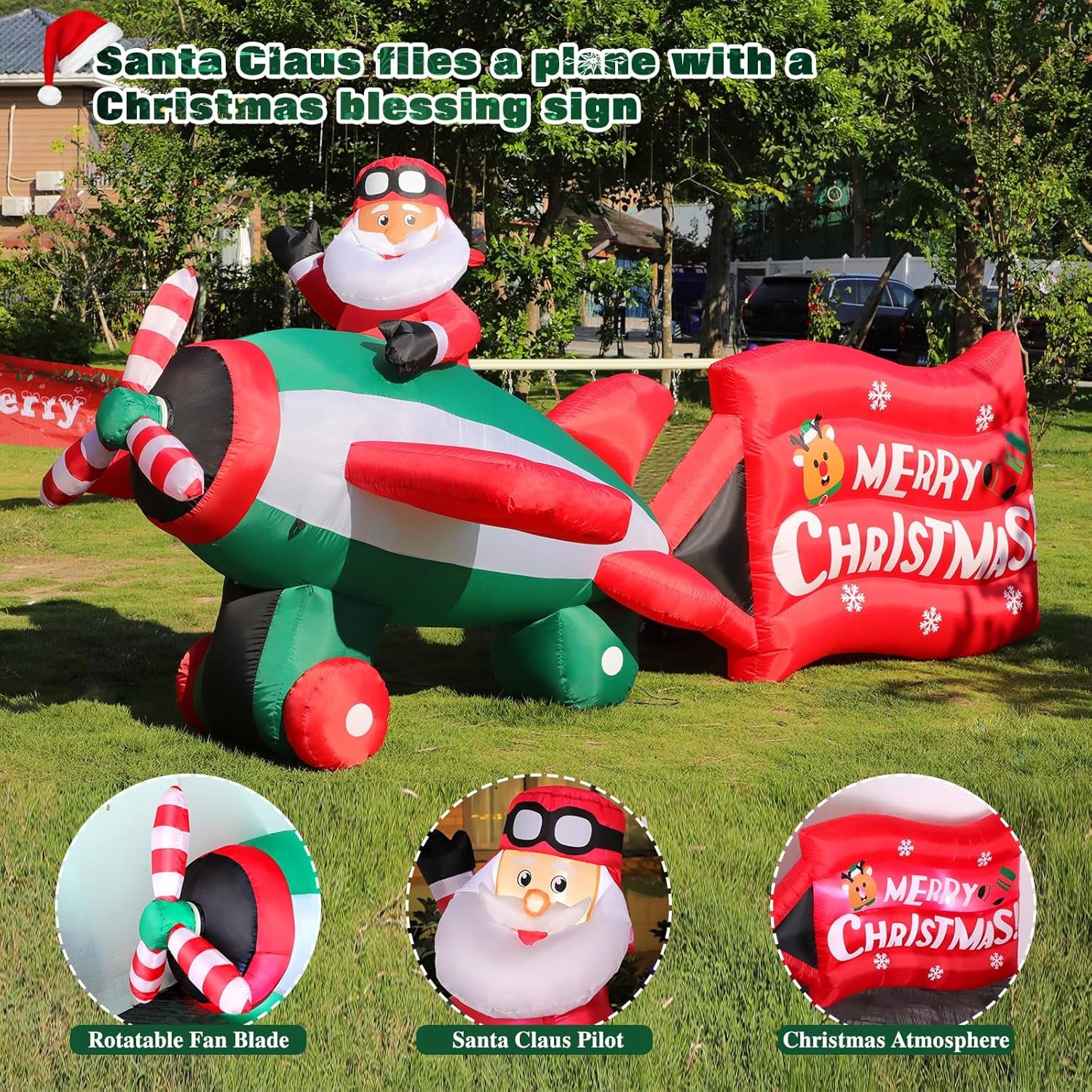 10.5 FT Animated Christmas Inflatables Santa Claus on Airplane, Santa Claus on Helicopter with Merry Christmas Banner, Xmas Blow Ups Outdoor Decorations for Yard Garden Lawn Holiday Home Party Decor