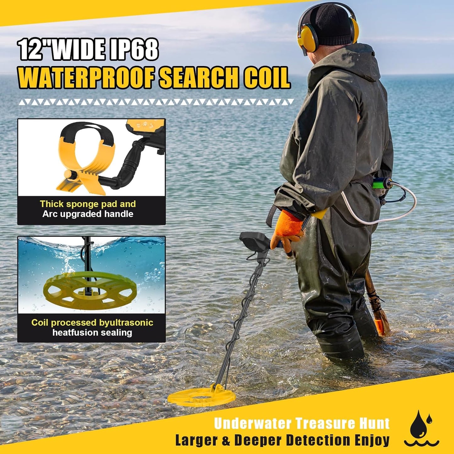 Metal Detector for Adults Waterproof-Professional Higher Accuracy Gold Detector with LCD Display,5 Mode,Advanced DSP Chip 12" Coil Metal Detectors(970-Yellow)