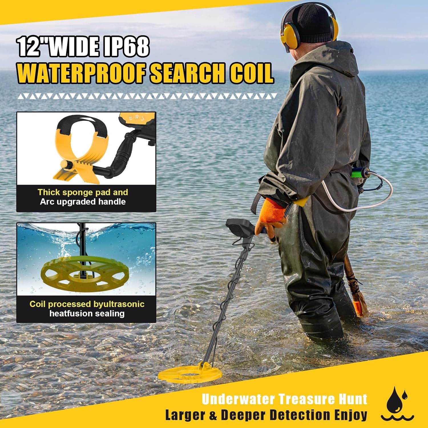 Metal Detector for Adults Waterproof-Professional Higher Accuracy Gold Detector with LCD Display,5 Mode,Advanced DSP Chip 12" Coil Metal Detectors(970-Yellow)