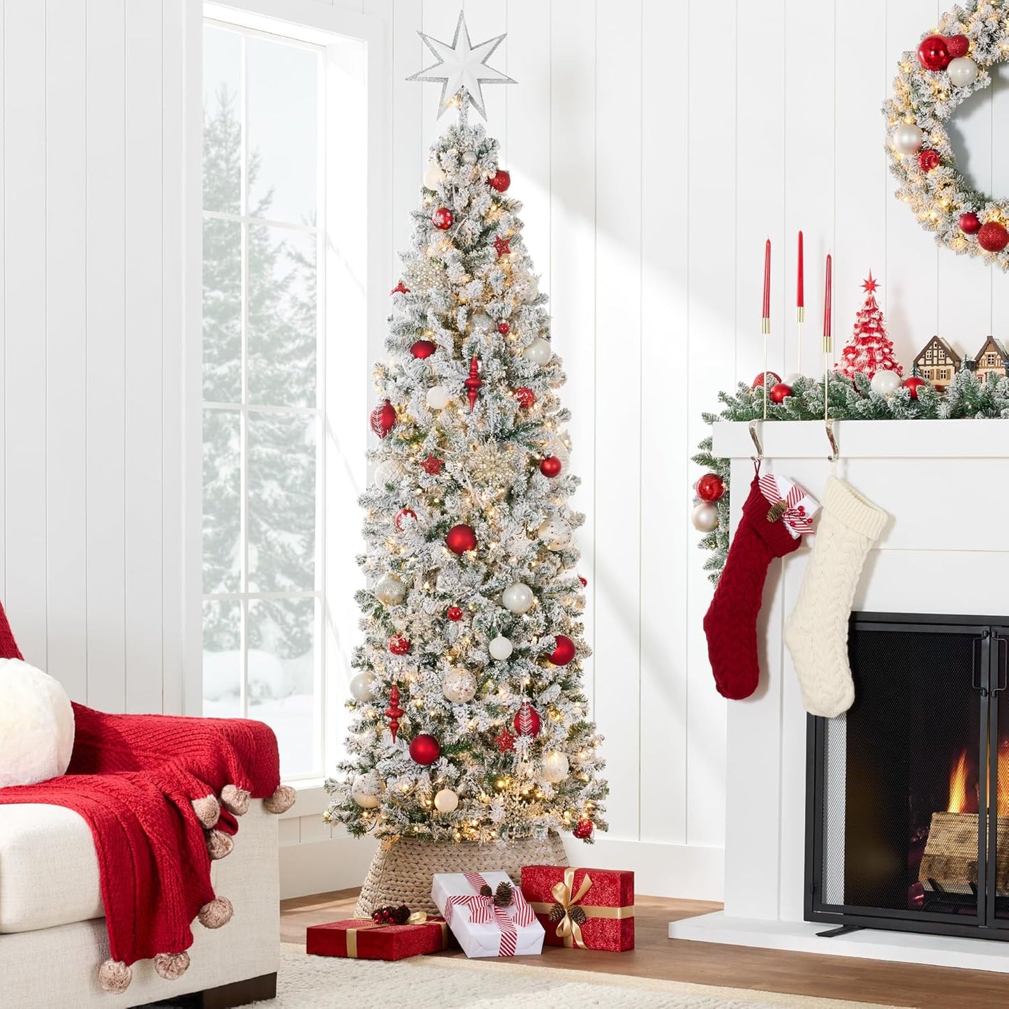7.5Ft Flocked Pencil Christmas Tree W/Twinkling Leds, Pre-Lit Slim Artificial Holiday Decoration, Lighted Skinny W/Base, 350 Lights, 641 Tips, Warm White Lights