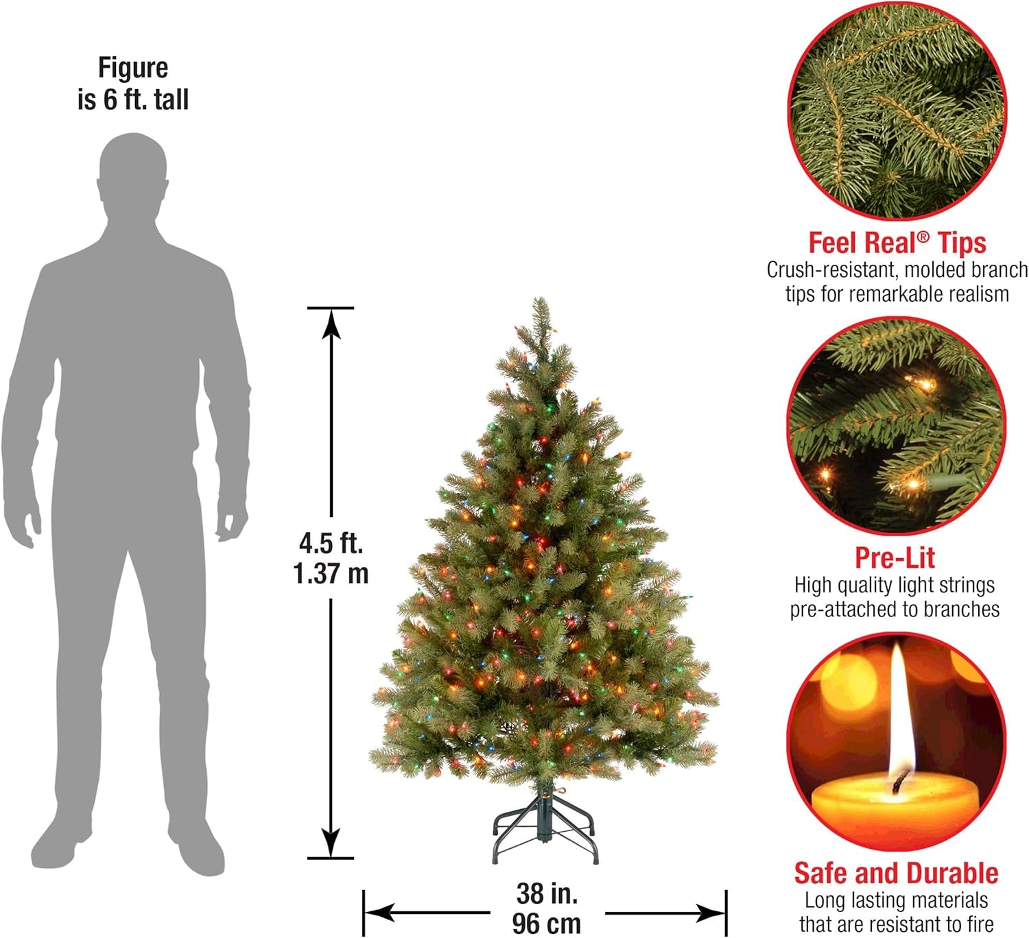 Pre-Lit 'Feel Real' Artificial Full Downswept Christmas Tree, Green, Douglas Fir, Multicolor Lights, Includes Stand, 4.5 Feet