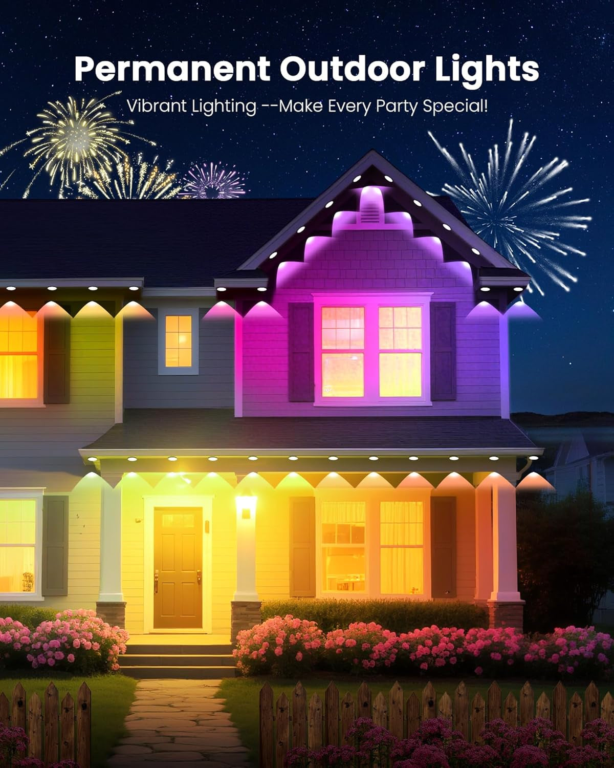 200FT RGB+IC Permanent Outdoor Lights, 24V Year-Round Roof & Eaves Lighting with 221 Modes, App & Remote Control, IP68 Waterproof, Smart outside Lights for Halloween, Christmas, Holidays