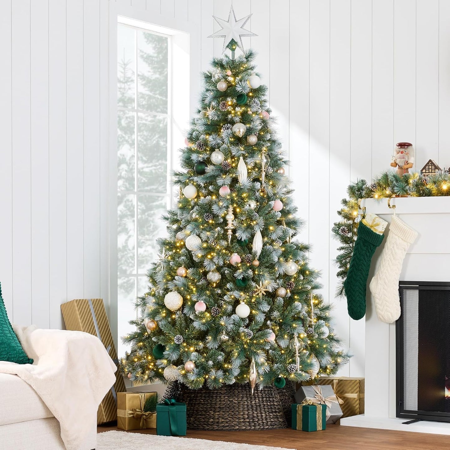 Full Scotch Pine Christmas Tree, 9Ft Pre-Lit Frosted Holiday Decor W/ 2,000 Twinkling Micro LED Lights, 2-In-1 White & Multicolor