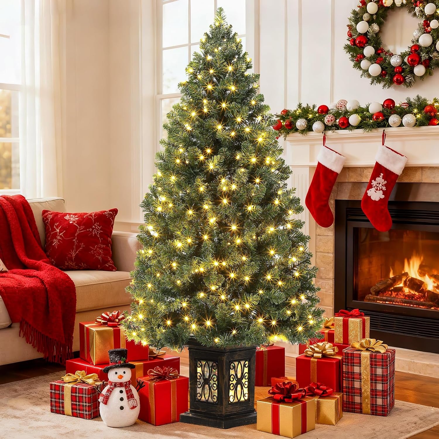 4.5 Ft Artificial Fiber Optic Christmas Tree, Pre-Lit Artificial Potted Xmas Tree with 300 Led Lights, 8 Lighting Modes, Includes Antique Urn Base, 1 PCS