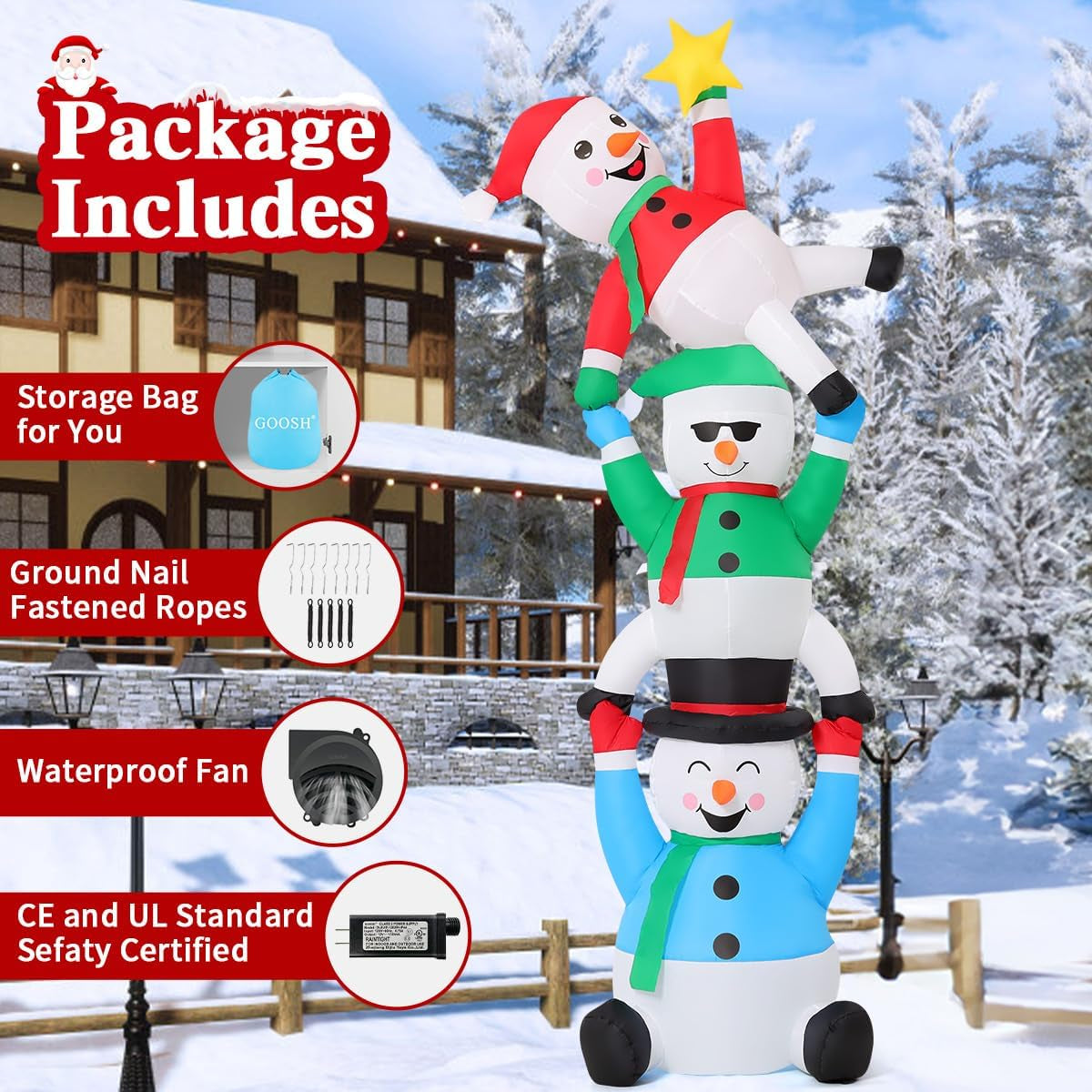8 FT Christmas Snowman Inflatable Decoration Blow up Three Snowman Pick Stars Blow up Holiday Indoor Outdoor Party Garden Yard Decoration