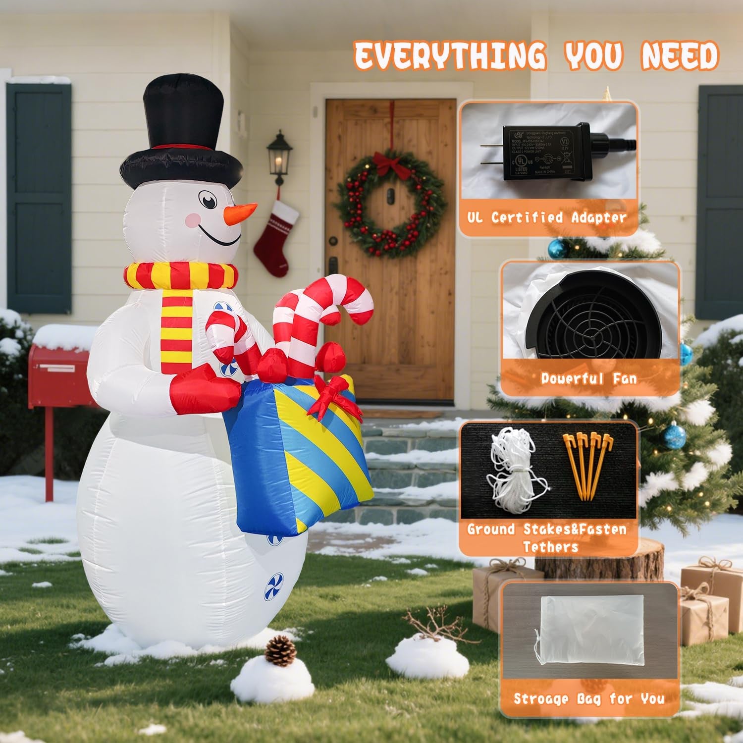 8Ft Tall Inflatable Snowman Christmas Decorations,Built-In LED Lights Outdoor Holiday Decor with Gift Box and Candy Canes, Fast Self-Inflating,For Yard Holiday Xmas New Year