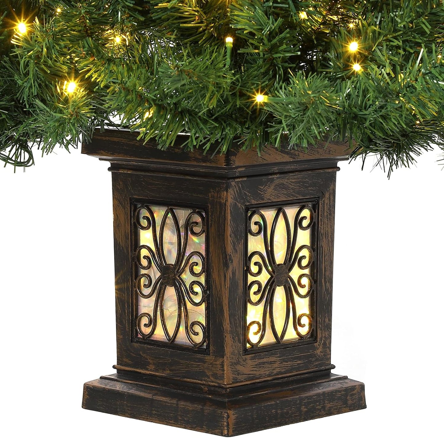 4.5 Ft Artificial Fiber Optic Christmas Tree, Pre-Lit Artificial Potted Xmas Tree with 300 Led Lights, 8 Lighting Modes, Includes Antique Urn Base, 1 PCS