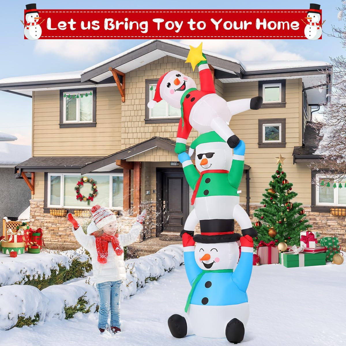 8 FT Christmas Snowman Inflatable Decoration Blow up Three Snowman Pick Stars Blow up Holiday Indoor Outdoor Party Garden Yard Decoration
