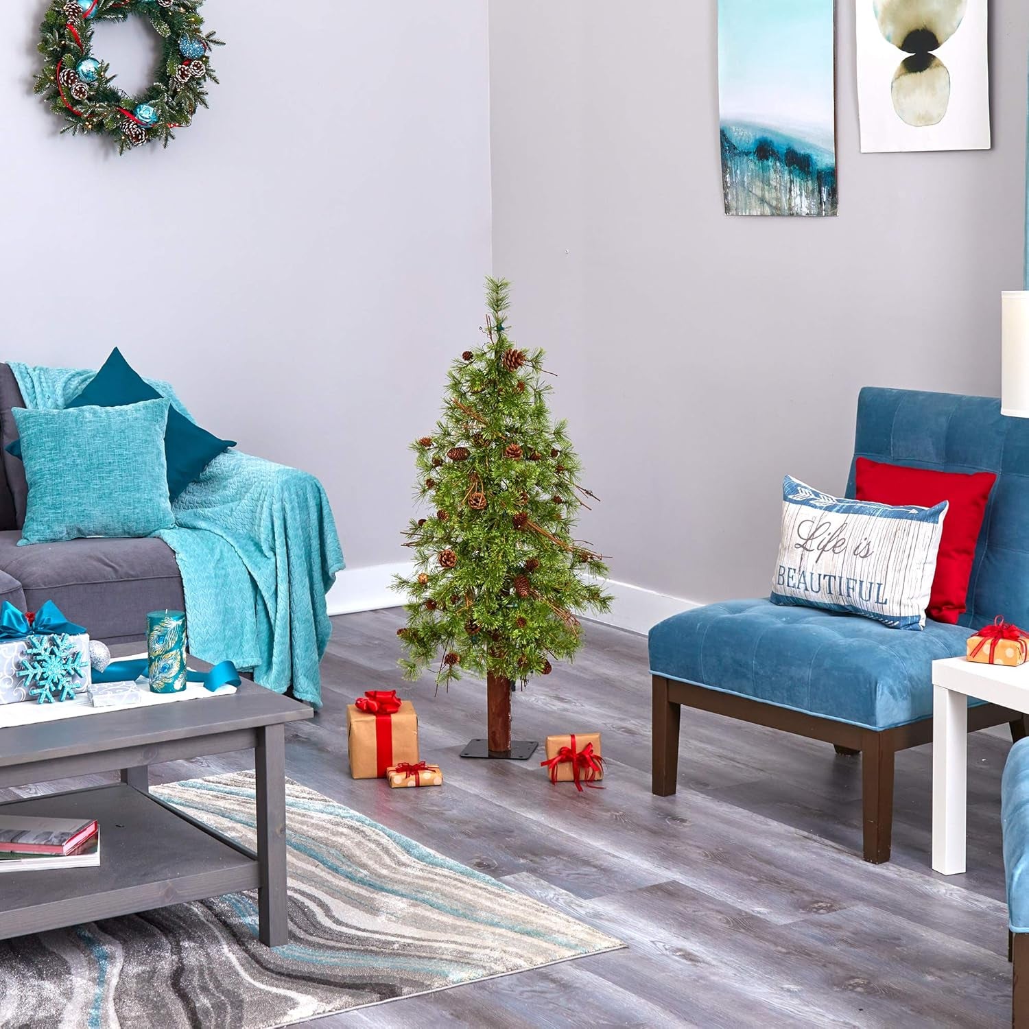 4Ft. Wyoming Alpine Artificial Christmas Tree with 50 Clear (Multifunction) LED Lights and Pine Cones on Natural Trunk