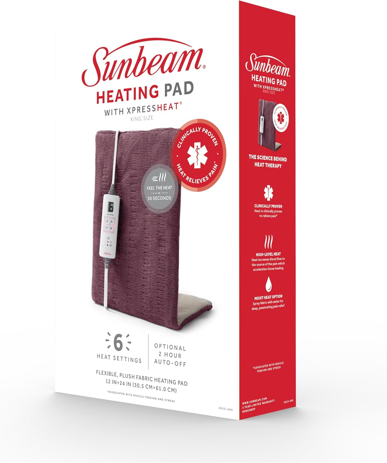 XL Back Neck and Shoulder Heat Therapy 12 X 24 with Auto Shut off 6 Settings Machine-Washable Comfortable Microplush Fabric - Burgundy