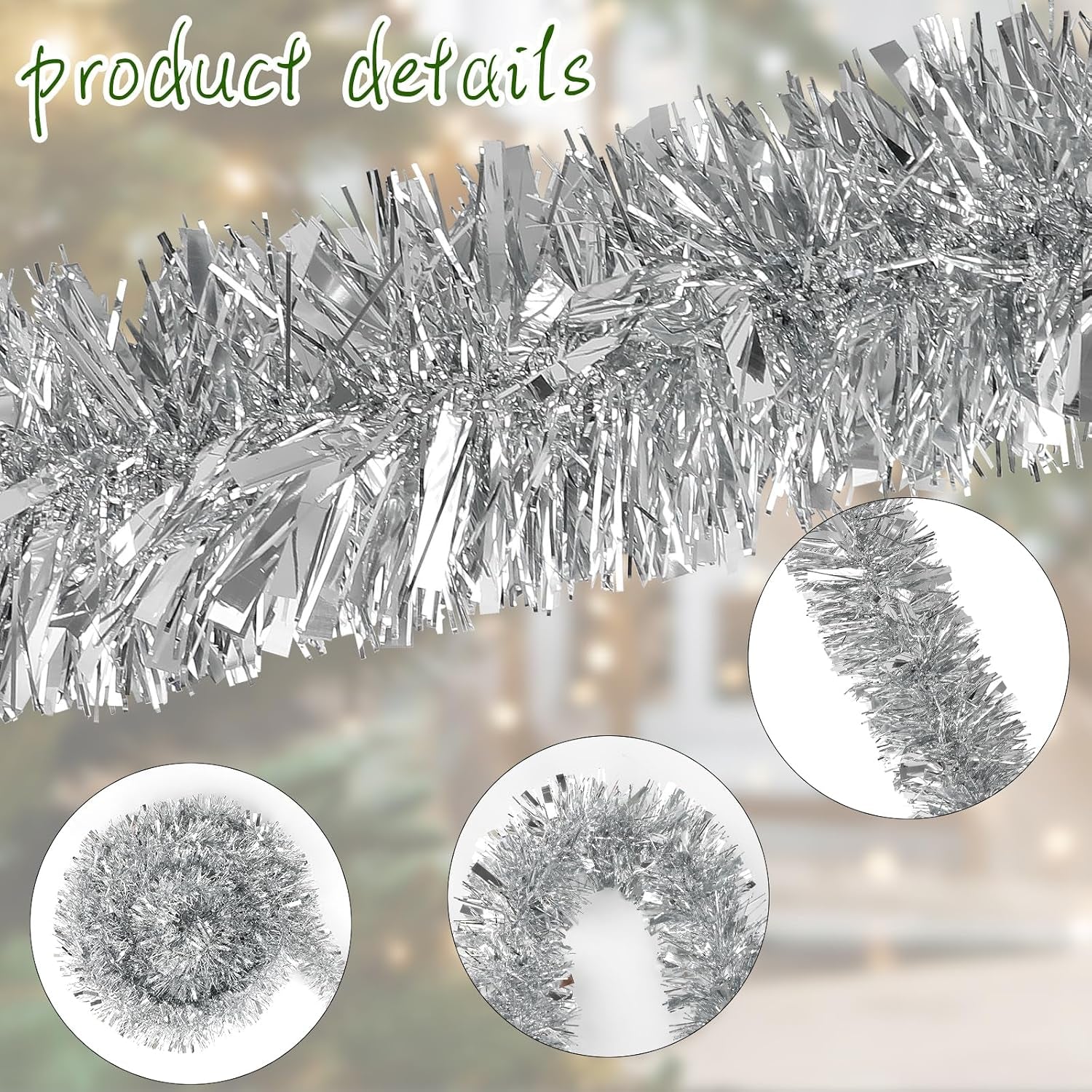 DECORA 33 Feet Silver Tinsel Garland, Christmas Metallic Hanging Tinsel Garland for Xmas Tree Home and Party Decoration