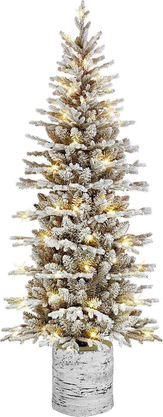6Ft Pre-Lit Potted Flocked Pencil Christmas Tree