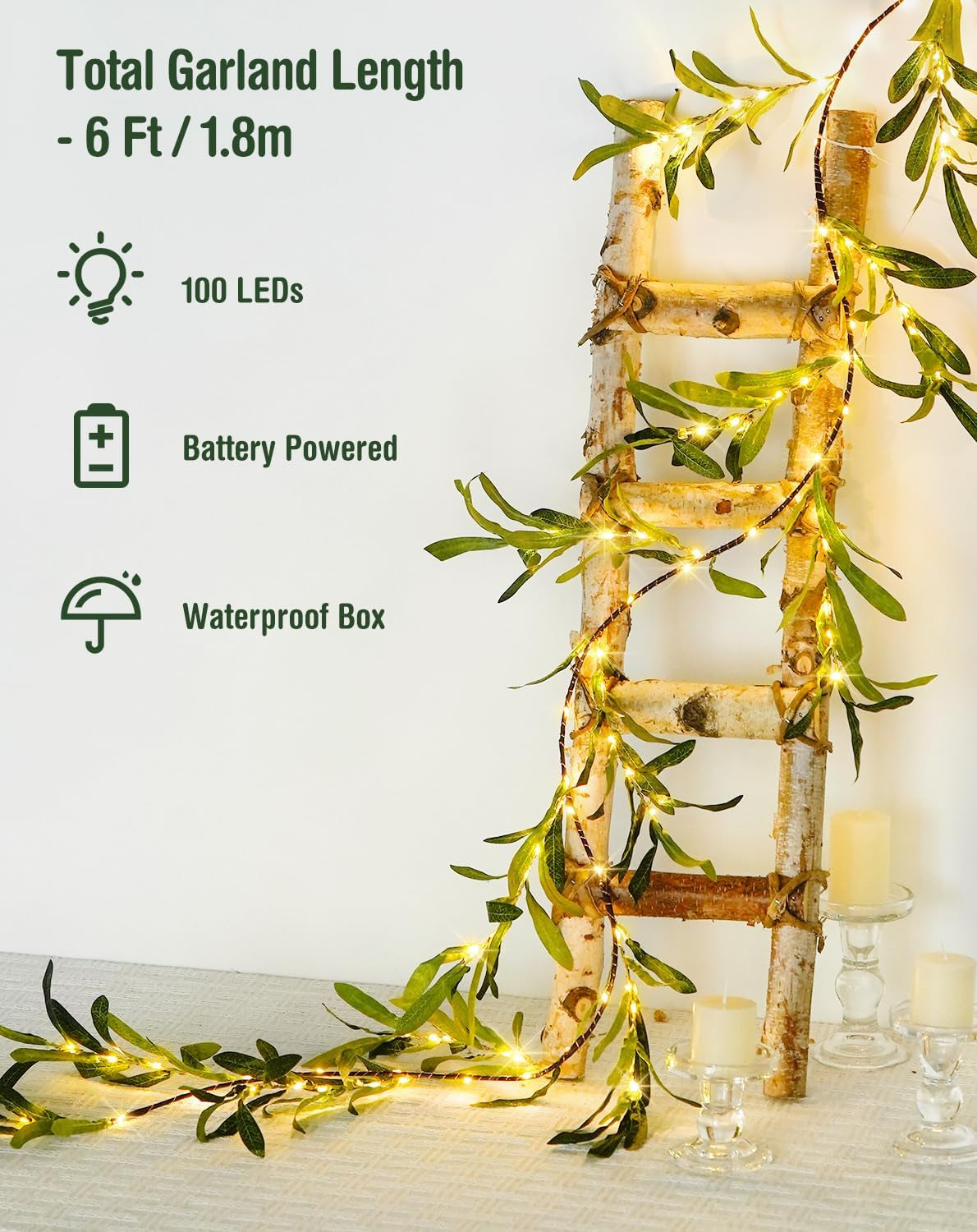 100 LED 6 Ft Artificial Olive Lighted Garland for Fireplace Decor