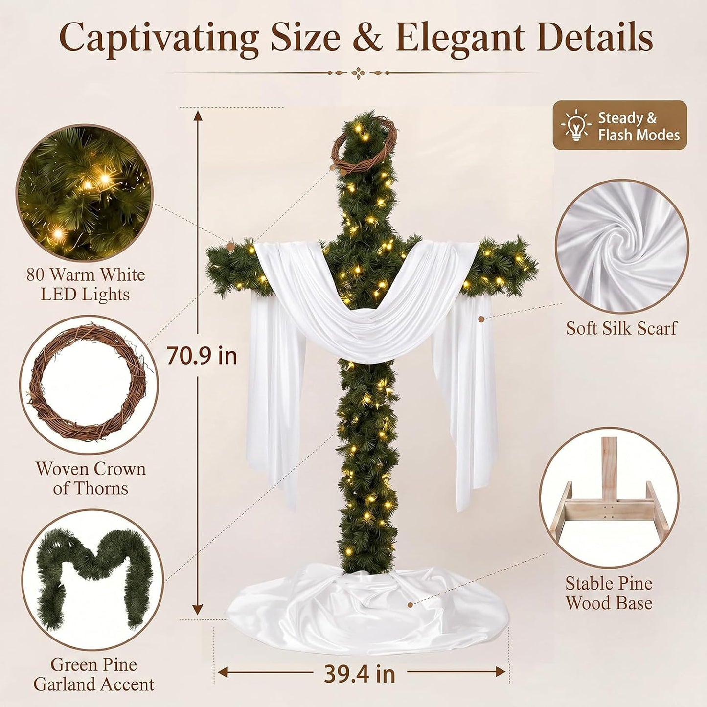 6FT Cross Christmas Tree with LED Lights, Outdoor Christmas Christian Decor