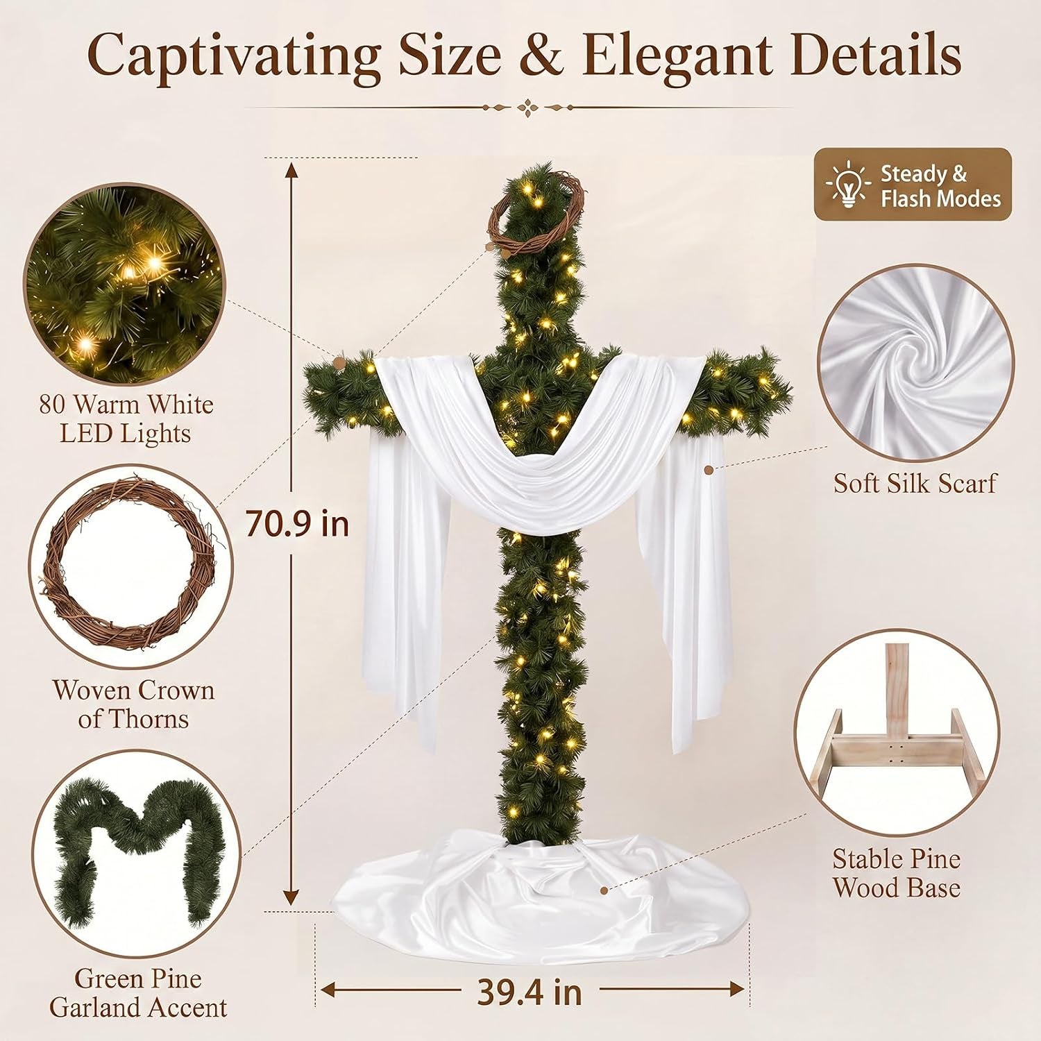 6FT Cross Christmas Tree with LED Lights, Outdoor Christmas Christian Decor