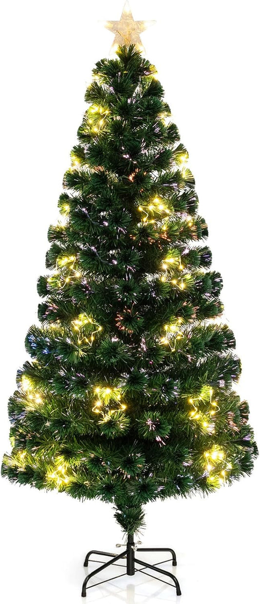 6 FT Pre-Lit Fiber Optic Christmas Tree, Artificial Tree W/230 Branch Tips, 389 Warm White LED Lights, Top Star, 36 Star Decorations & Colorful Fiber Optics