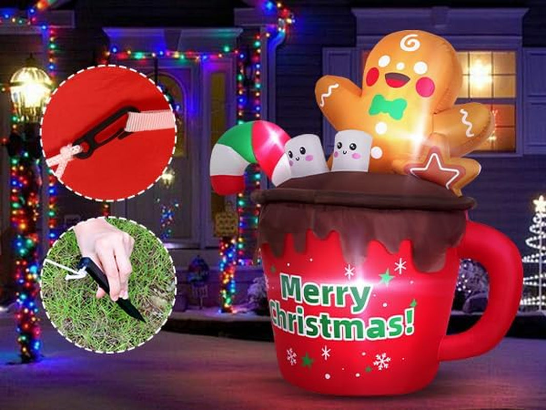 6FT Christmas Inflatables Outdoor Decorations, Gingerbread Christmas Inflatable Hot Cocoa Mug with Built-In Leds Blow up Christmas Decoration for Garden Lawn Yard Patio Xmas Inflatable