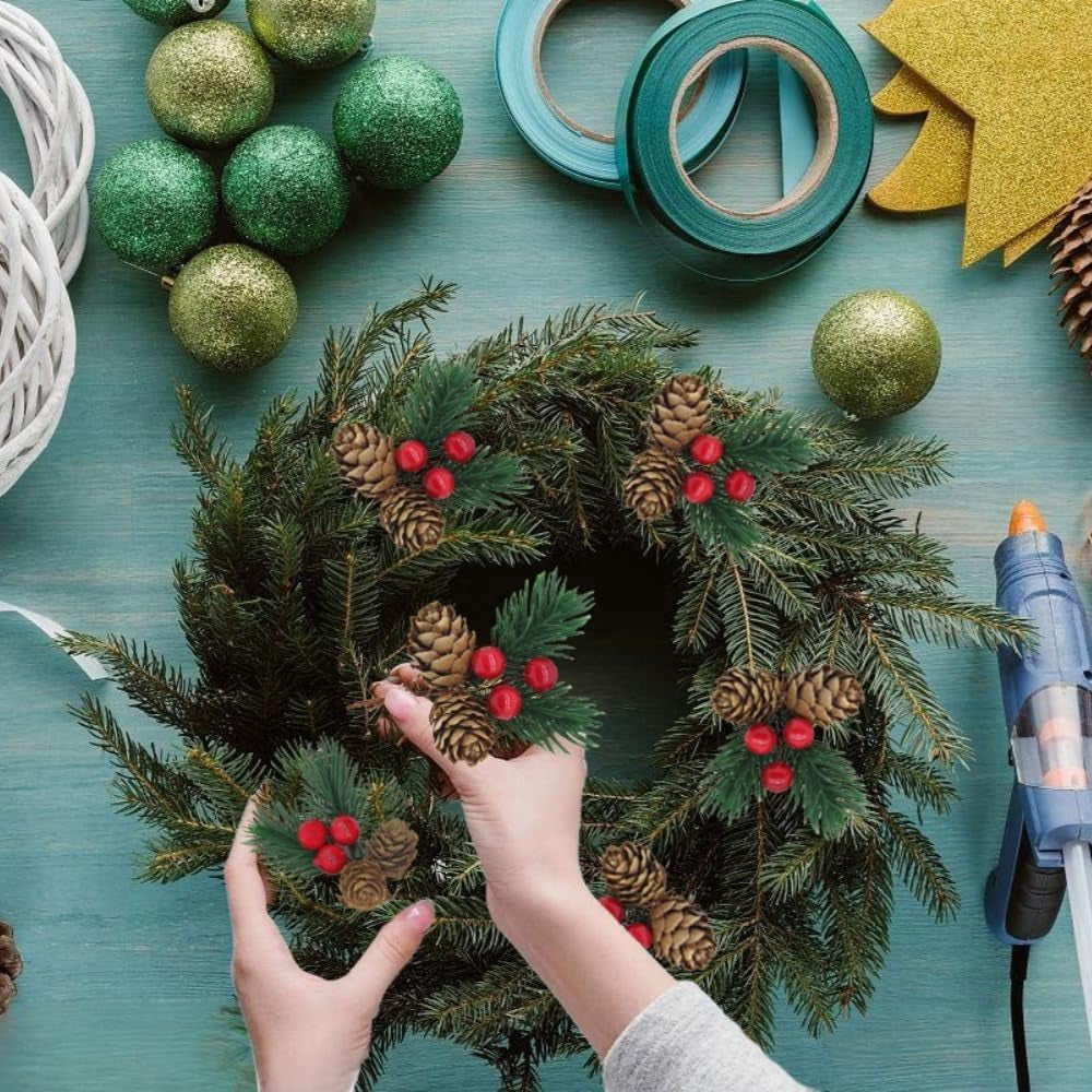 Christmas Floral Picks, 30Pcs Pine Cone Holly Berry Stems for Crafts, Artificial Christmas Picks and Sprays, Red Berry Branches Greenery for Christmas Home Decor, Garland, Wreath (30)