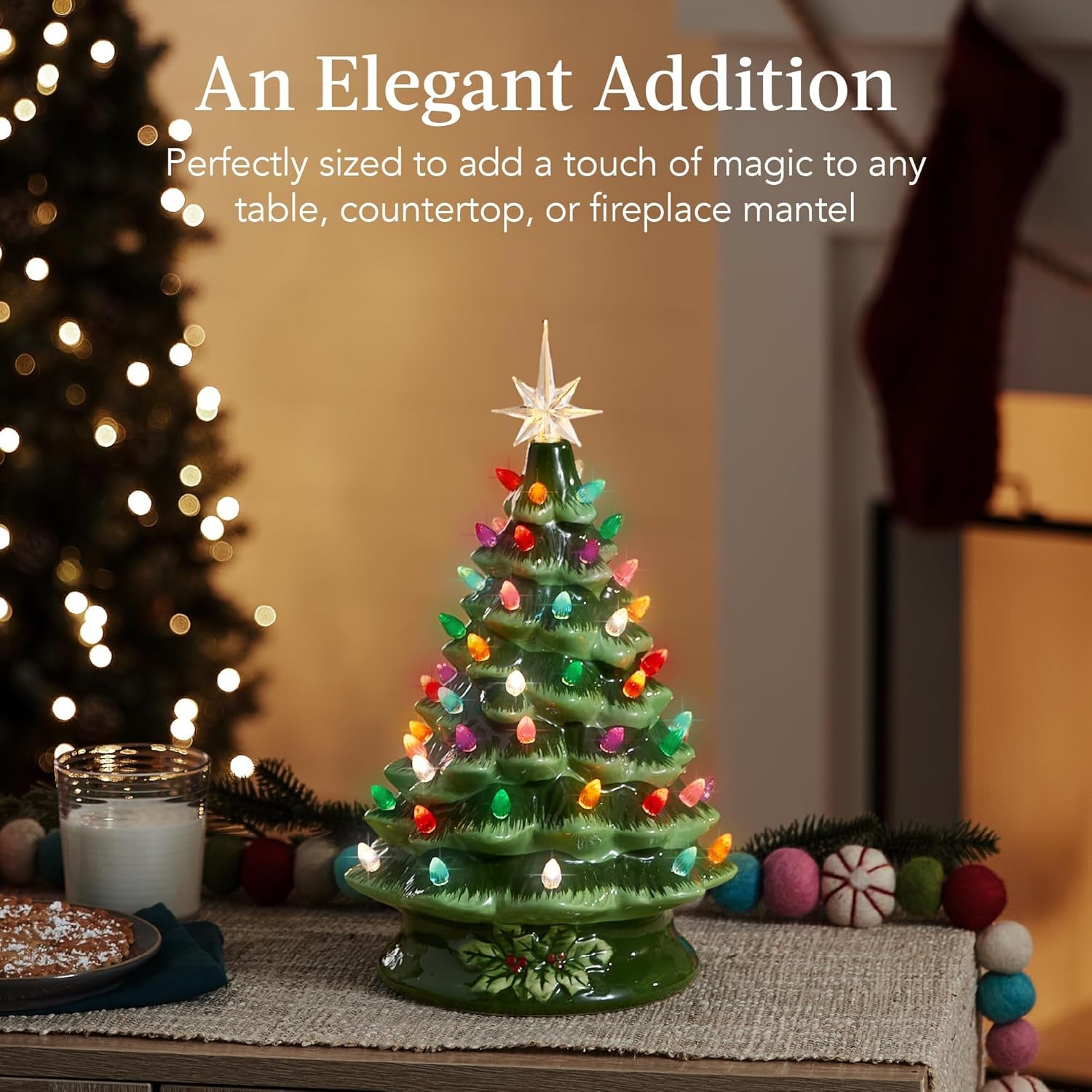 15In Ceramic Christmas Tree, Pre-Lit Hand-Painted Tabletop Holiday Tree, Star Topper, 64 Lights - Green W/Multicolored Bulbs