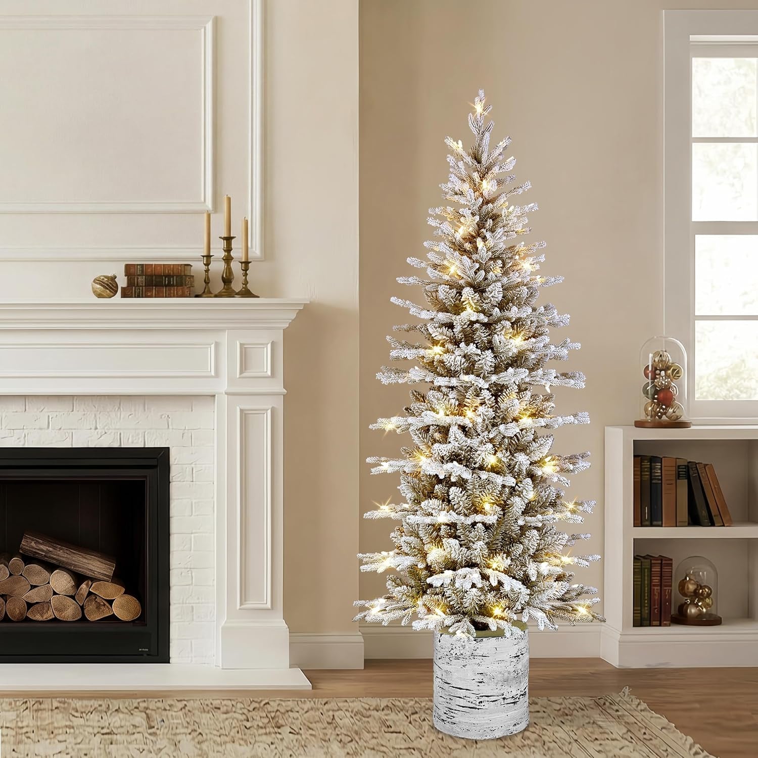 6Ft Pre-Lit Potted Flocked Pencil Christmas Tree
