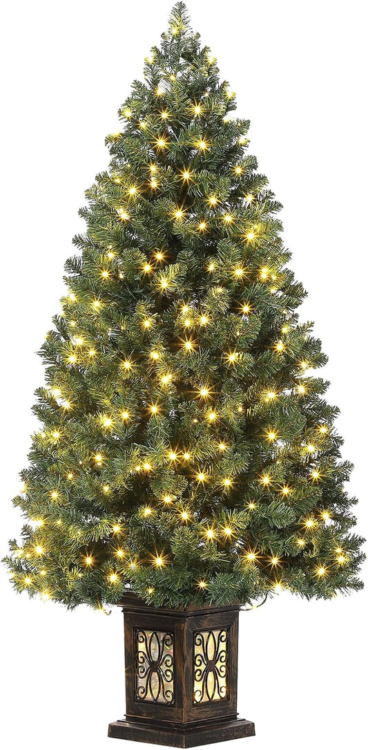 4.5 Ft Artificial Fiber Optic Christmas Tree, Pre-Lit Artificial Potted Xmas Tree with 300 Led Lights, 8 Lighting Modes, Includes Antique Urn Base, 1 PCS